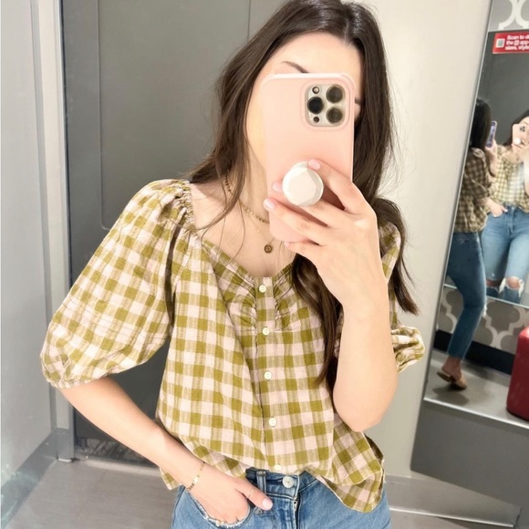 Universal Thread Puff Sleeve Shirt in Dark Blue/Green - Large - Picture 3 of 3